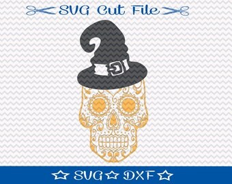 Halloween Sugar Skull with Witches Hat SVG File, SVG for Silhouette, Trick or Treat svg, Halloween Cut File, dia de los muertos