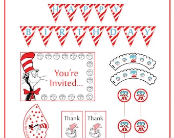 Cat in the hat party printable - Printable party set - birthday supplies - Printable party supplies - Cat in the hat - baby shower party set