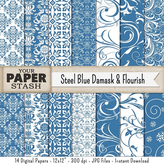 Damask Scrapbook Paper Blue Damask Steel Blue Blue