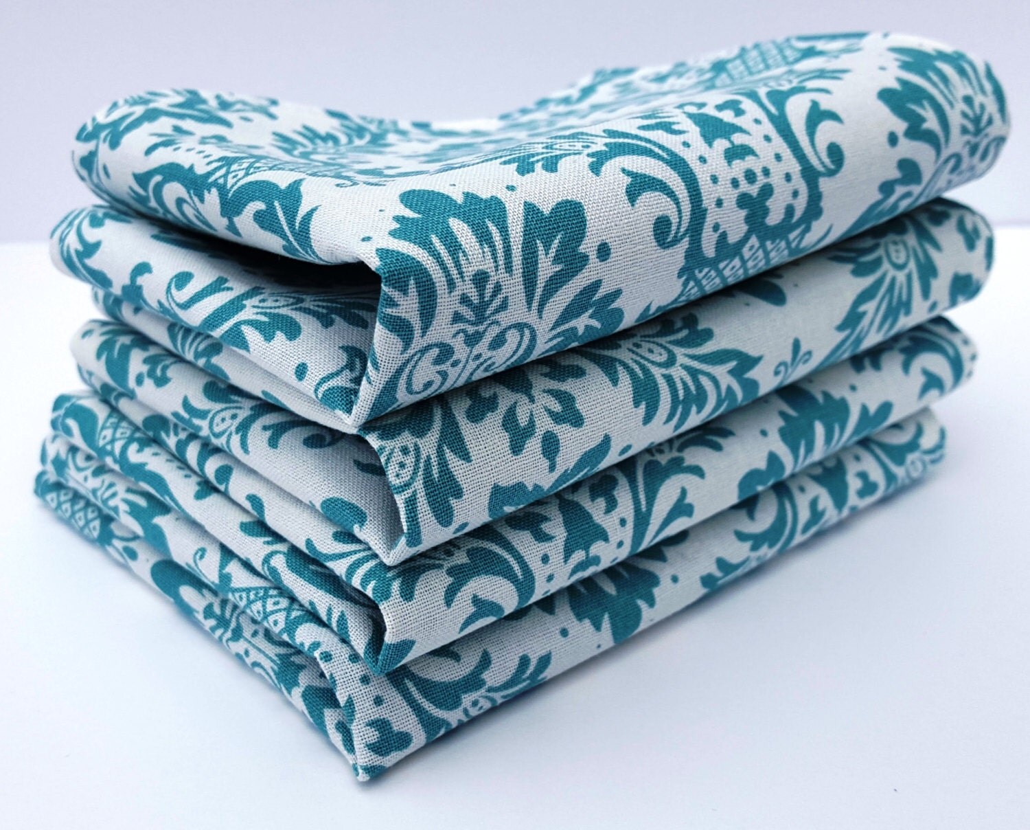 Cloth Napkins Set of 4 Elegant Teal Floral on White Teal