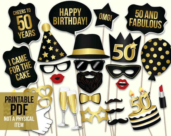 50th birthday photo booth props: printable PDF. Black and gold