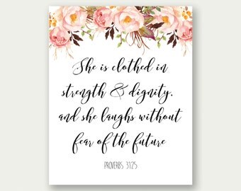 Proverbs 31:25, She Is Clothed In Strength And Dignity, Bible Verse Printable, Calligraphy Verse, Scripture Printable, Christian Printable