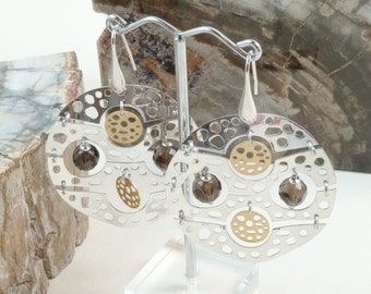 Machined round earrings with smoky quartz in Sterling Silver Made in Italy