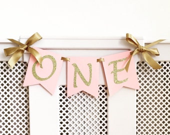 High chair Birthday banner. One Highchair banner. Pink and gold. Smash cake. First birthday banner. Girl or Boy