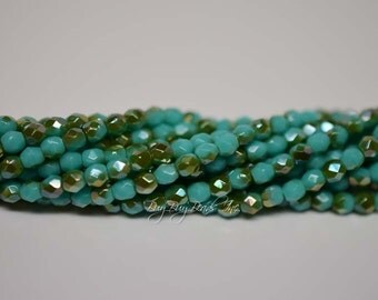 3MM, Green Turquoise Celsian, Round Faceted, Fire Polished Czech Glass Beads - 50 Beads