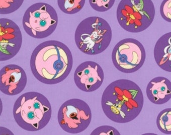 Jigglypuff Pokemon Fabric, Yardage or Fat Quarters, FQ, Fairy Type Pokemon, Sylveon, Flabebe, Spritzee, Pokemon Go Fabric, Fairy Ball Purple