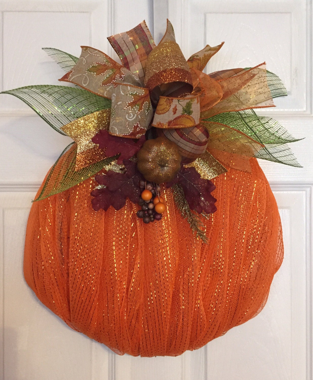 Fall/Autumn Deco Mesh Pumpkin Wreath with Ribbon Bow