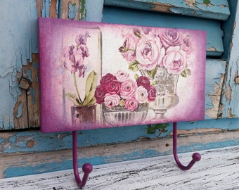 Shabby Chic Hook,Pink Wall Hook,Shabby Kitchen Towel Hanger,Pink Bedroom Hook,Pink Flowers Wall Hook,Wooden Shabby Hanger,Pink Roses Hook