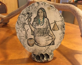 Shapes of Clay, Hand-Crafted, Mt. St. Helen's Ash, #180 with stand, Native American Woman