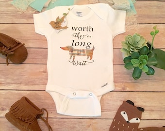 Worth the Wait Onesie®, Pregnancy Reveal, Pregnancy Announcement, Unisex Baby Clothes, Miracle Baby, IVF baby, Long Wait, Weiner Dog Onesie