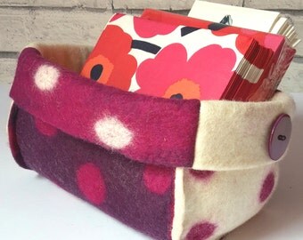 Felt storage basket, storage basket handfelted, polkadot storage basket, toy storage, craft storage, funky storage basket, wool felt storage