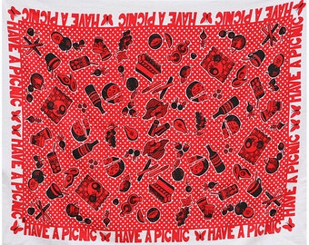 Vintage Tablecloth, Picnic Tablecloth, Picnic Blanket, Red Tablecloth, Mid Century, Mod, Vintage Print Tablecloth, Terry Cloth