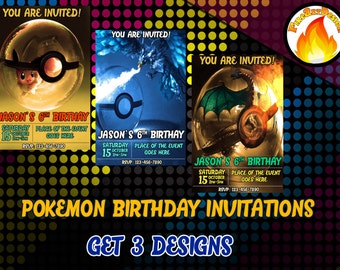 GET 3 DESIGNS-Pokemon inspired-Pokemon Birthday Invitation - Kids Party - Birthday Invitation - Pokemon Party