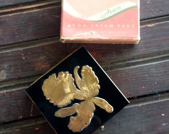 Avon Compact with Box | Black and Gold Compact with Box and Pouf