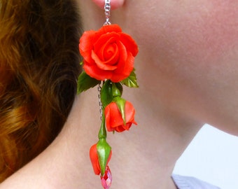 Red earrings Long earrings Flower earrings Red jewelry Red flower earrings Summer earrings Rose earrings Flowers jewelry Birthday gift