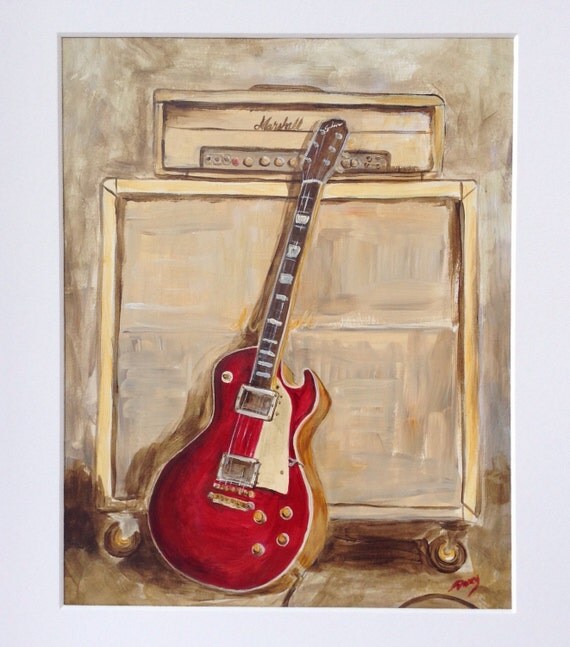 Red Electric Guitar Original Acrylic Painting on Paper 8x10
