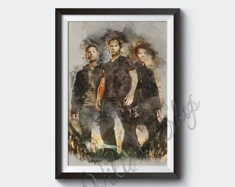 Supernatural Poster, Sam, Dean and Castiel, Supernatural Watercolor Art Print, Jensen Ackles, Jared Padalecki, Misha Collins, Supernatural