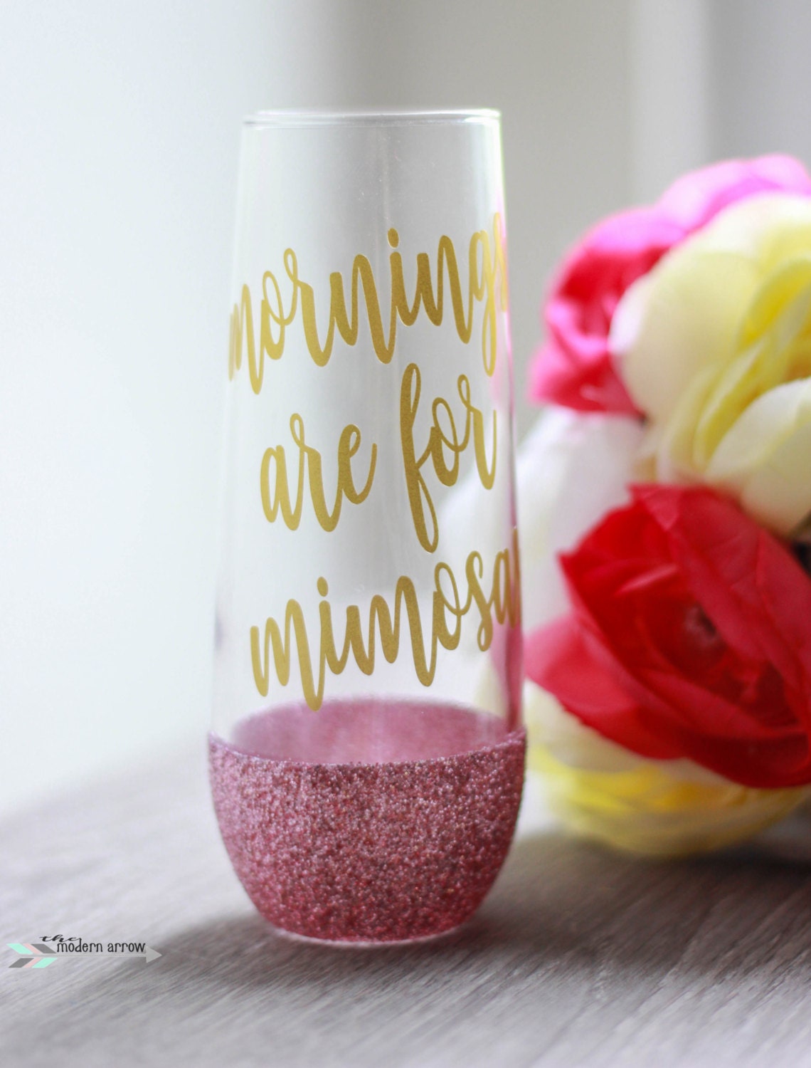 Mornings are for Mimosas stemless champagne glass glitter