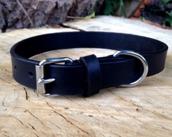 Hand Made Black Leather Dog Collar Strong Medium