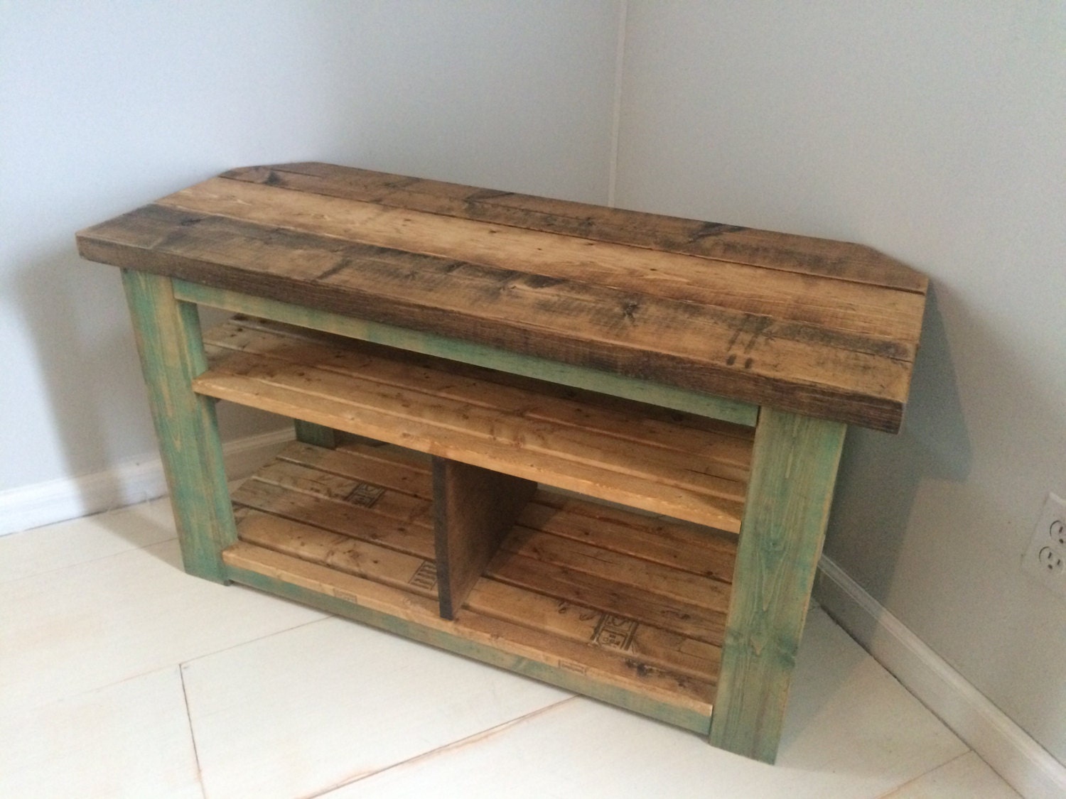 Rustic Corner TV Wood Stand/Console Teal Distressed