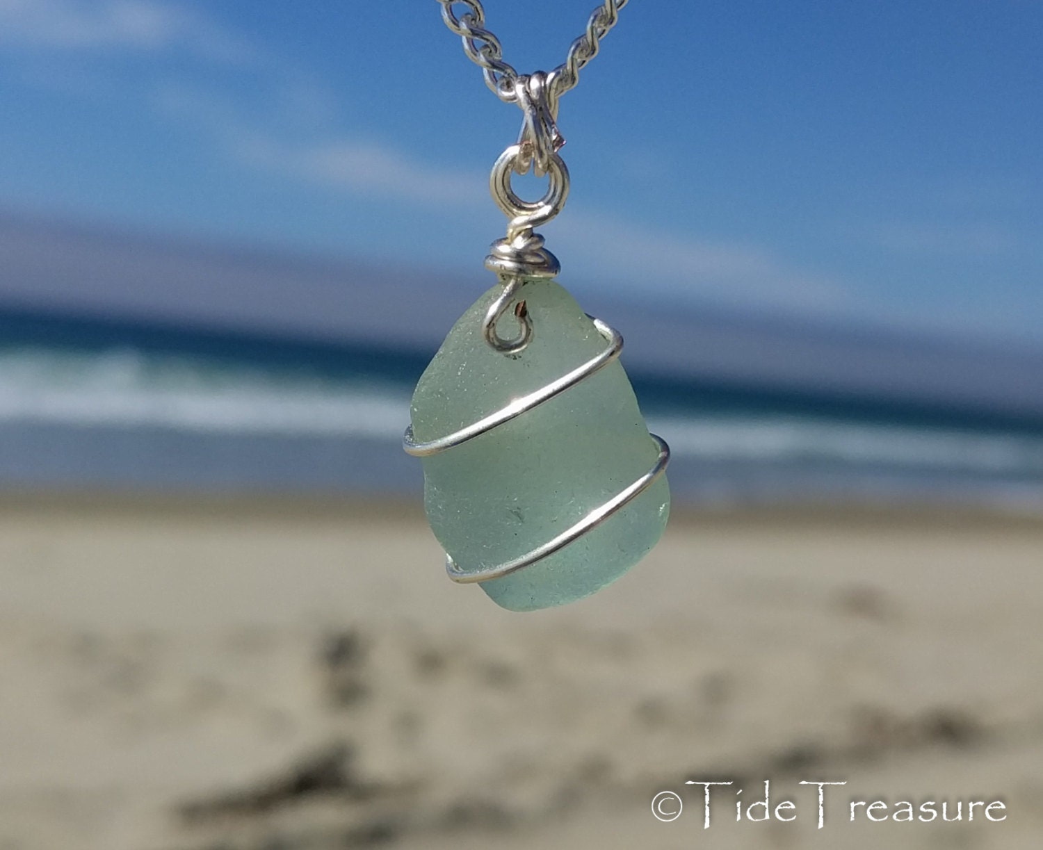 Genuine Sea Glass Pendant Handmade Light Blue Sea Glass