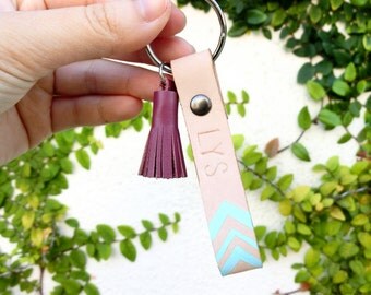 Aztec Mint Leather Keychain, Mint Leather Keychain, Mini Tassel Leather Keychain, Personalized Keychain, Custom Leather Keyfob, Custom Name