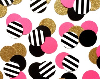 150 Kate Spade Party Confetti, 30th Birthday Decor, Paris Confetti Bridal Shower, Fuchsia, Black, Black&White Stripe, Gold Glitter