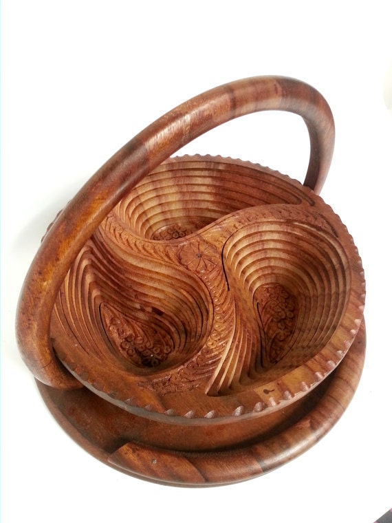 vintage hand carved collapsible wooden basket by KashmirCreations