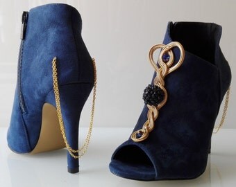 Peep toes boots "Autumn desire" Soutache Sutasz Blue Niebieski Blau gold Złoty berries Jeżyny BlackBerry