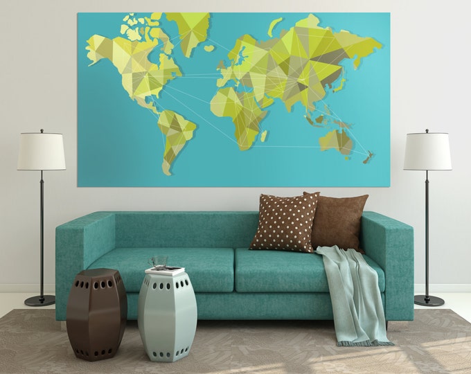 Large green geometric map, polygonal world map canvas, contemporary world map, geometric map, modern map of the world