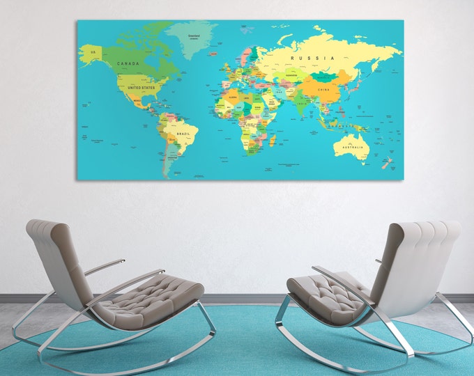 Large push pin world map with country names, travel map with pins, Multipanel world map