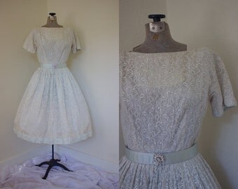 1950s Lace Full Skirted Dress // 50s Wedding Dress // White and Blue Dress with Belt