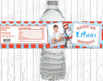 10 Custom Photo Dr. Suess Cat In The Hat Birthday Party Water Bottle Labels - Peel-n-Stick
