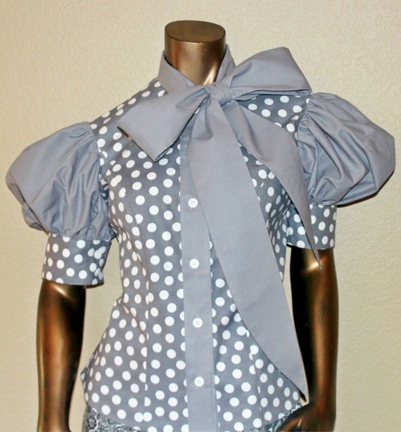 Short Puffy Sleeve Polka Dot Print Bow Blouse By Tharoyalboutique 8979