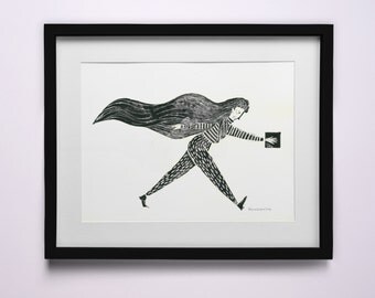 Instant Download, Wall Art, Linocut Illustration, Printable, Girl, Home Decor, Minimalist Art, Collectables, Black and White, Gift for Her