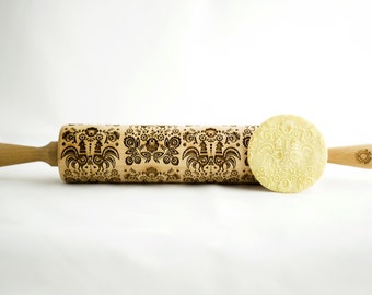 FOLK rolling pin, embossing rolling pin, engraved rolling pin for a gift, rooster, gift ideas, laser, wedding, winter, Christmas