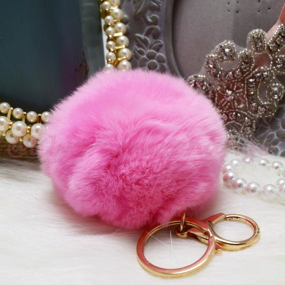 keychain fur pink pom pom ball Pom Real Pom Rabbit key Keychain pendant Cute Fur ring Pink Fur