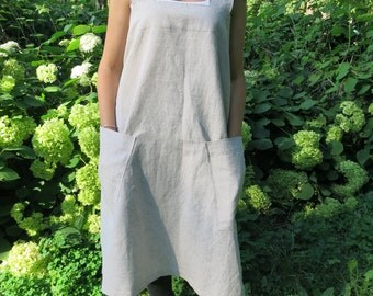 Linen Square-Cross Apron/ No-ties Apron / Japanese Apron/ Linen Apron