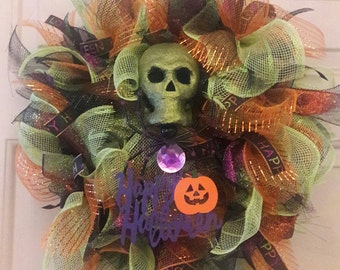 Skull and Spider Deco Mesh Halloween Wreath