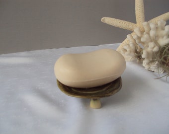 Small round dark green ceramic soap dish, scrubby dish, ceramic soap dish