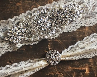 Ivory Wedding Garter Set NO SLIP grip vintage rhinestones