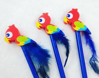 Funky Blue Parrot Pencil with Eraser Fun Kids Stationery, Office, Gift, Tropical