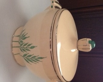 1930's Vintage Art Deco Sugar Bowl/Covered Dish, Leigh Ware, Green Wheat, USA