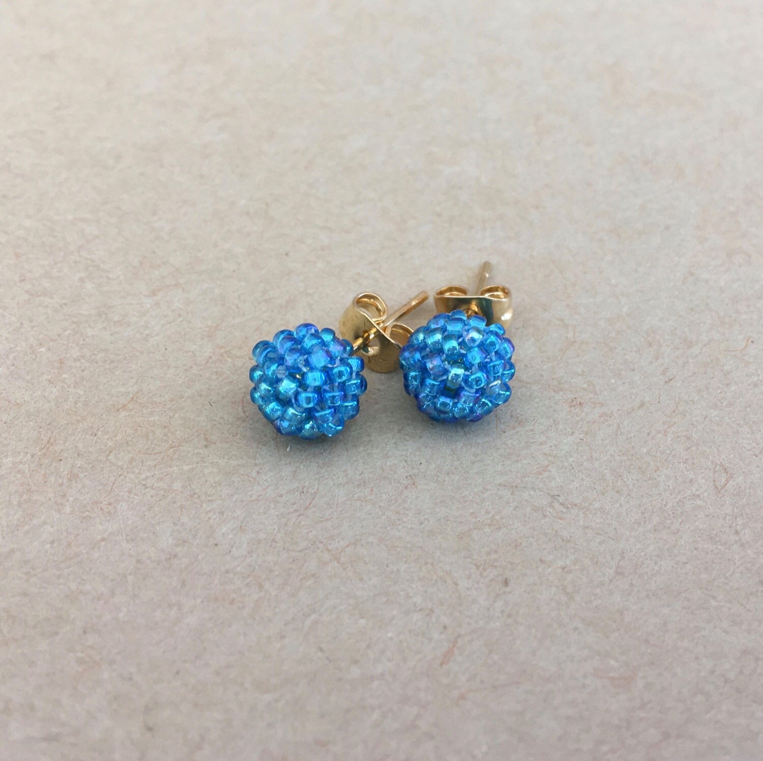 Round Beaded Stud Earrings in Electric Blue Seed Beads 6mm