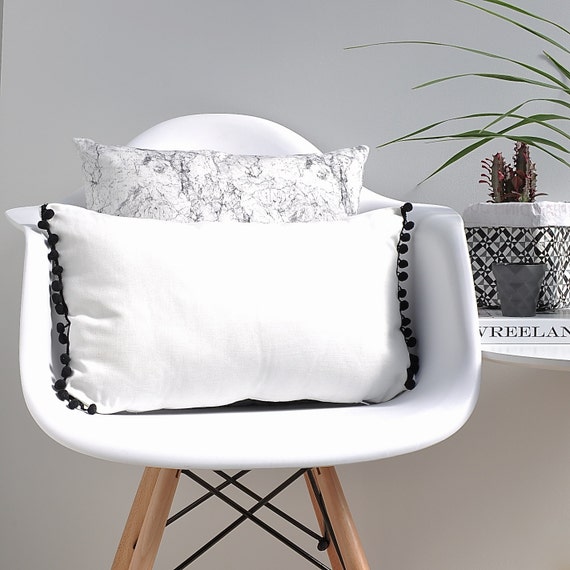 pom trim pom cushion by Bobble Trim Black Cushion White with NomadicBeing on Etsy