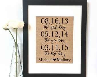 The first day the yes day the best day Wedding Burlap Print // Personalized Gift // Wedding Gift // Personalized Wedding Gift