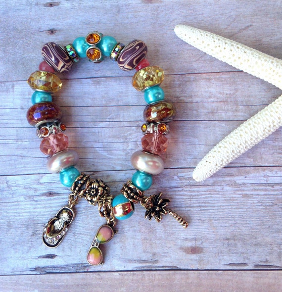 Brown blue light pink charm bracelet with palm tree