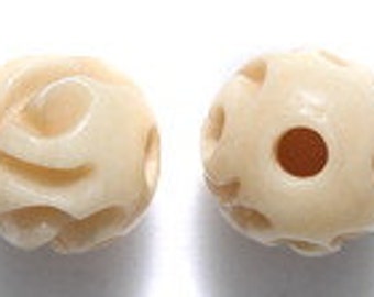 NICE 10mm Rose Carved Tea Dyed Bone Round Bead 2pcs