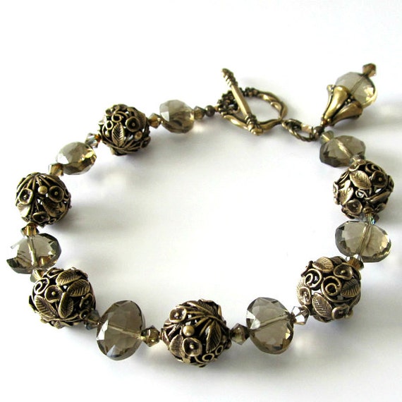Smoky Quartz Bracelet Glass Beads Fancy Floral Antiqued