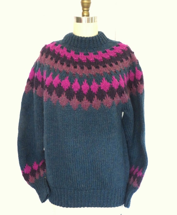 Vintage Fair Isle Wool Sweater Teal Green Hand by vintageandmore
